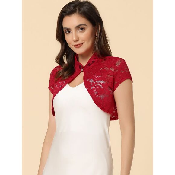 Lace Cardigan Stand Collar Short Sleeve Shrug Red - Picture 2 of 5